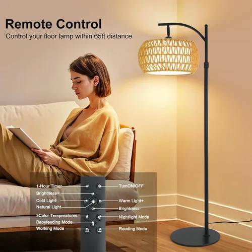 Vista 6 de Lámpara de pie de ratán boho con pantalla – Lámpara LED regulable brillante de 12 W, control remoto con 3 temperaturas de color, lámpara de pie