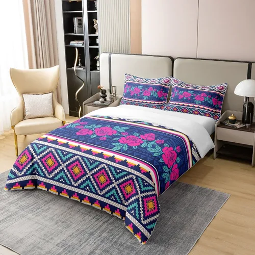 Vista 3 de Juego de ropa de cama 100% algodón con rosas, funda de edredón estilo bohemio de tamaño full, estampado floral púrpura étnico, funda de edredón