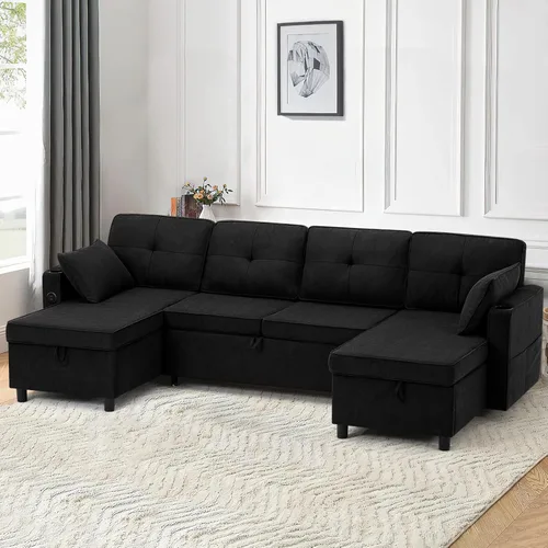 Vista 5 de Sofá cama extraíble en forma de U de 110 pulgadas con diván de almacenamiento y respaldo ajustable, sofá modular de felpilla con puerto USB, sofá