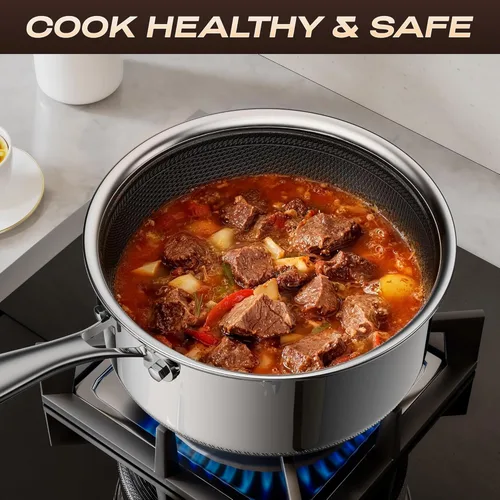 Vista 8 de Cacerola de acero inoxidable de 1 cuarto de galón con tapa de vidrio, sartén antiadherente híbrida de 6 pulgadas, sin PFAS PFOA PTFE, mango que se