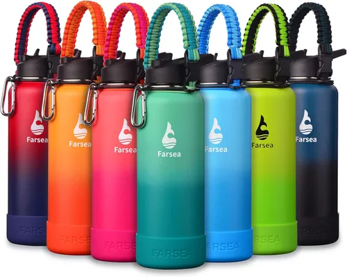 Vista 63 de Botella de agua Farsea aislada con asa de paracord, protector y 2 tapas (tapa de pajita y tapa de boquilla), de acero inoxidable, boca ancha, doble