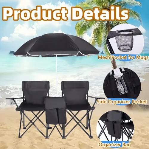 Vista 4 de Double Camping Chair with Canopy, with Cup Holder and Side Storage Pockets, for Beach, Camping and Fishing (Black)