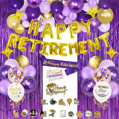 85 piezas de decoraciones de fiesta de jubilación moradas y doradas para hombres y mujeres, kit completo con bandera, arco de guirnalda de globos,