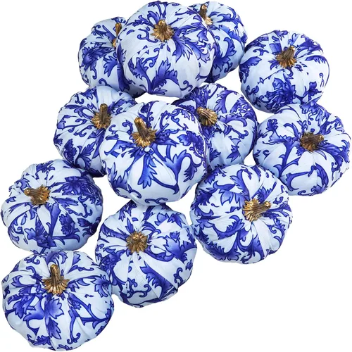 Winlyn 12 calabazas decorativas de tela pequeña en azul y blanco, chinoiserie chic, calabazas de espuma de 3 pulgadas para regalos, otoño, boda,