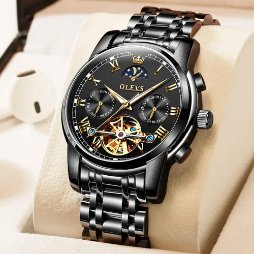 Vista 4 de OLEVS reloj mecánico automático, reloj de cuerda automático de lujo para hombre a prueba de agua, acero inoxidable., Blanco y negro