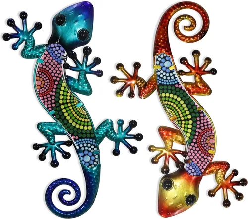 HONGLAND Arte de pared de Gecko de metal, 2 unidades de lagarto de 15 pulgadas, decoración para exteriores, escultura de vidrio colgante, decoración