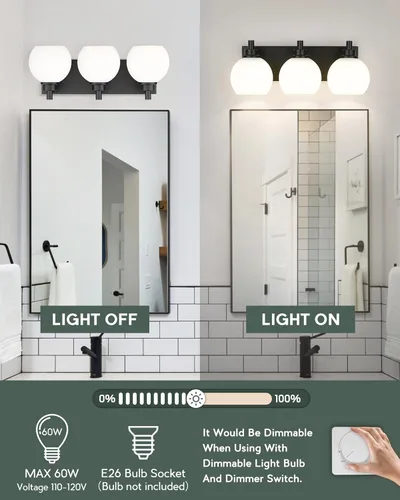 Vista 2 de Accesorios de Iluminación de Baño, Luz de Tocador de 3 Luces Negro Mate, Apliques de Pared Modernos con Soporte de Vidrio Esférico Blanco Leche