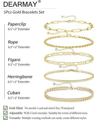 Vista 4 de DEARMAY Pulseras de oro para mujeres y niñas, conjuntos de joyas de oro real de 14 quilates para mujer, bonitas pulseras de cuentas de tenis