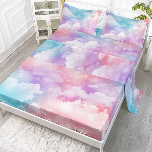 Vista 103 de Juego de sábanas de 4 piezas ajustadas y planas para niñas, estampado de mariposas y flores rosas con 1 + 2 fundas de almohada para cama individual