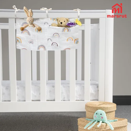 Vista 4 de Bolsa organizadora de almacenamiento colgante para cuna, bolsillo para cunas de bebé, material de algodón, bolsas multifuncionales para organizar