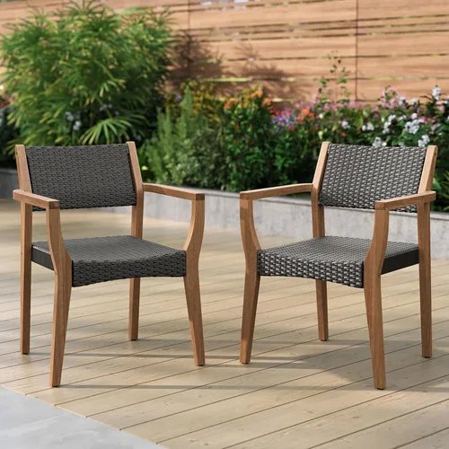 PHI VILLA Outdoor Acacia Wood Chairs Set of 2, Heavy-Duty Patio Dining Armchairs with Wicker Back & Seat, Farmhouse Style Teak Seating Furniture for