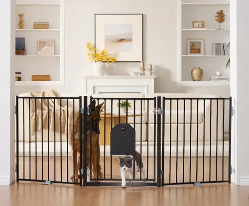 No Pawblems - Puerta para perros con puerta para gatos, valla plegable de 30" de altura independiente para interiores y exteriores, puerta extra