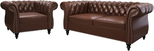 Vista 23 de Juego de 2 piezas para sala de estar, sofá loveseat Chesterfield de terciopelo con silla, brazos enrollados y tachuelas para sala de estar, oficina