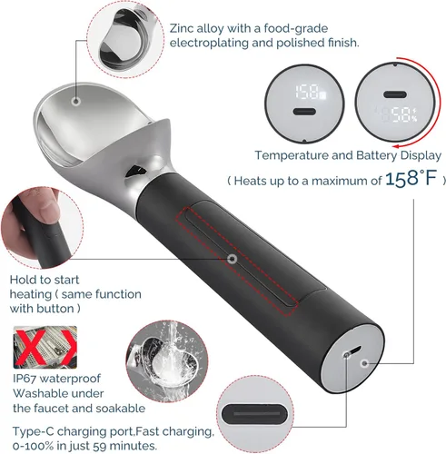 Vista 3 de Cuchara de helado con calefacción recargable, cuchara eléctrica para helado con pantalla LED, se calienta a 158 °F para helado duro, fácil para Negro