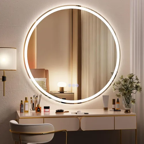 Vista 15 de BEAUTYPEAK Espejo de baño con arco LED de 34 x 30 pulgadas con luces, antiniebla, regulable, retroiluminado + iluminado frontal, espejo de tocador