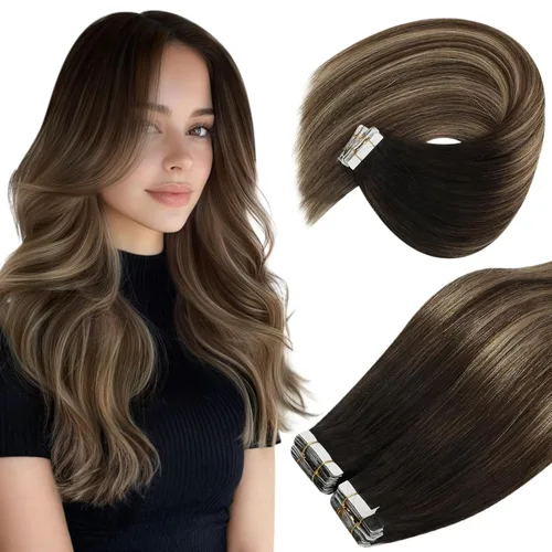 Vista 33 de Ve Sunny Extensiones de cabello humano real con cinta, cabello humano Remy, lacio, doble cara, color marrón oscuro, balayage, rubio dorado oscuro
