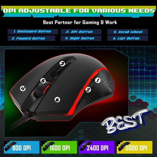 Vista 3 de Redragon, combo actualizado de teclado y mouse para juegos S107, teclado RGB para juegos y mouse de 10000 DPI con combo de 25 teclas anti-ghosting