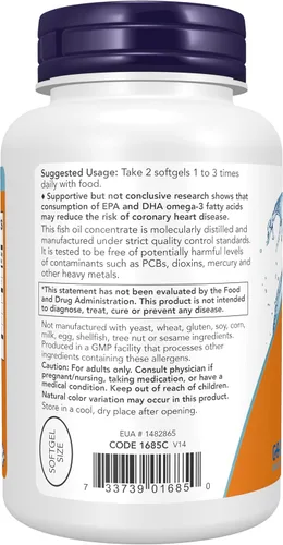 Vista 3 de NOW Suplementos, mini geles omega-3, 180 EPA / 120 DHA, destilado molecularmente, apoyo cardiovascular*, 180 cápsulas blandas