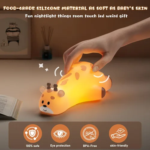 Vista 3 de Linda luz nocturna de jirafa para niños, luz nocturna regulable de 3 niveles, luz de silicona blanda para arriba, control táctil recargable, luz