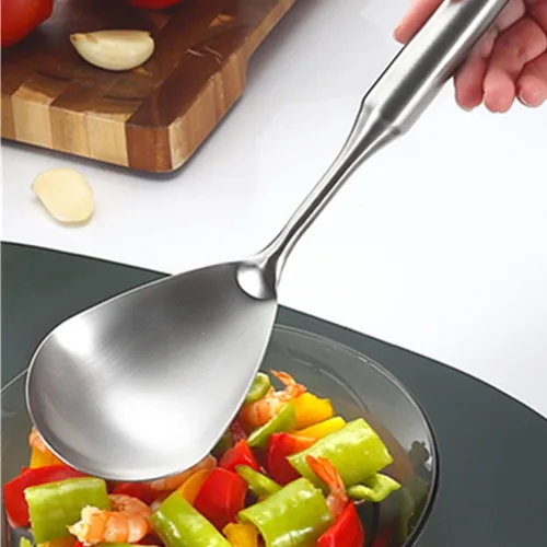 Vista 4 de Cuchara de arroz, cuchara de acero inoxidable, espátula para servir, cucharón, utensilio de cocina para restaurante y hogar, mango a prueba