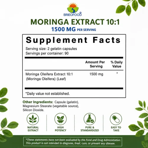 Vista 3 de Extracto de Moringa Oleifera 10:1 1500 mg - 180 cápsulas - Suplemento sin OMG y sin gluten - Superalimento verde de hoja de moringa
