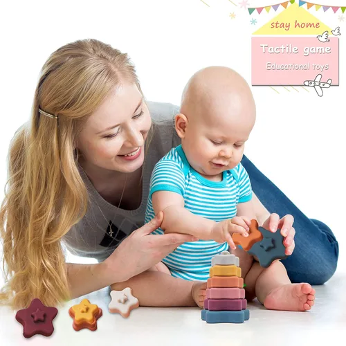 Vista 4 de Promise Babe Anillos apilables de silicona con forma de estrella, bloques de apilador suave para bebés, juguetes sensoriales de desarrollo, estrella