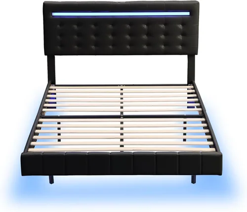 Vista 6 de Base de cama flotante tamaño matrimonial con luces LED y estación de carga USB, plataforma tapizada con cabecero, marco de cama LED moderno