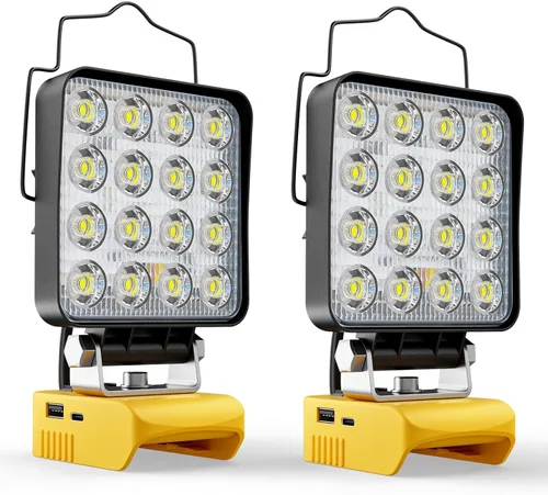 Vista 10 de LIVOWALNY Luces de trabajo LED de 60 W compatibles con batería Dewalt, 2 linterna de 6000 lm con puerto de salida USB A y USB C, protección de bajo
