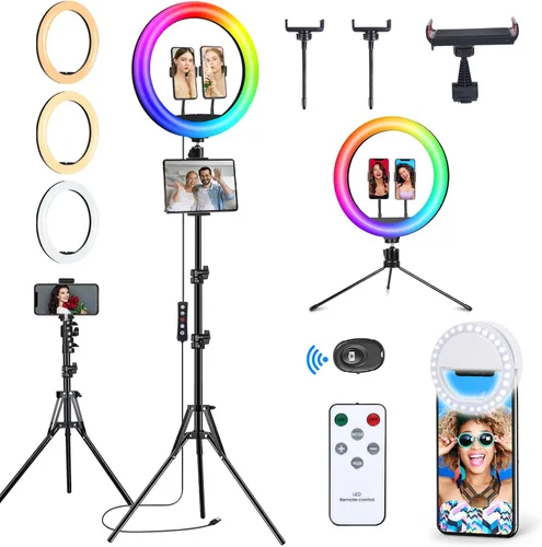 Vista 7 de Anillo de luz para selfie de 10.3 pulgadas con soporte y soporte para teléfono, trípode de escritorio, 29 modos de iluminación RGB, control remoto