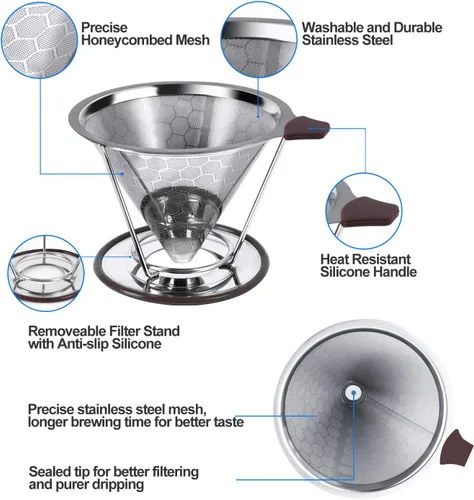 Vista 4 de Kit de cafetera con gotero de café, filtro de acero inoxidable reutilizable, jarra de vidrio de borosilicato resistente al calor de 20.3 fl oz