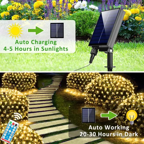Vista 2 de Luces de Red Solares para Exteriores, 240 LED USB Luces de Malla Blanco Cálido para Arbustos Impermeables, 11.5 pies x 5 pies 8 Modos Luz de Cadena