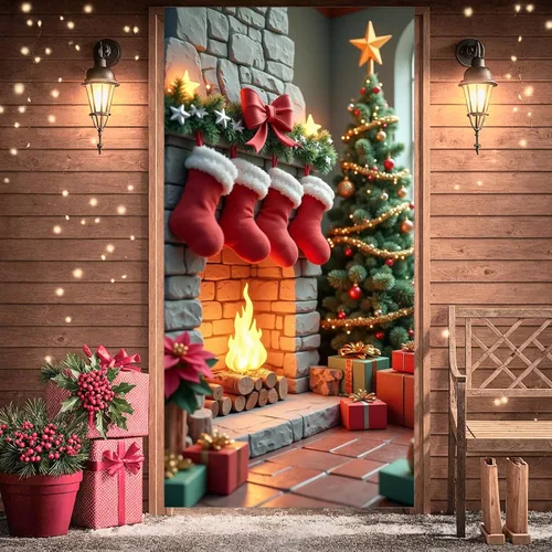 Vista 6 de Decoración de cubierta de puerta de Navidad, chimenea, letrero rojo para puerta delantera, árbol de Navidad rojo, telón de fondo para pared