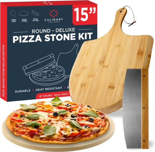 Juego de 3 piedras redondas para pizza para horno de 15" - Viene con pala de pizza para horno y cortador - Piedras de cordierita para pan, calzone,
