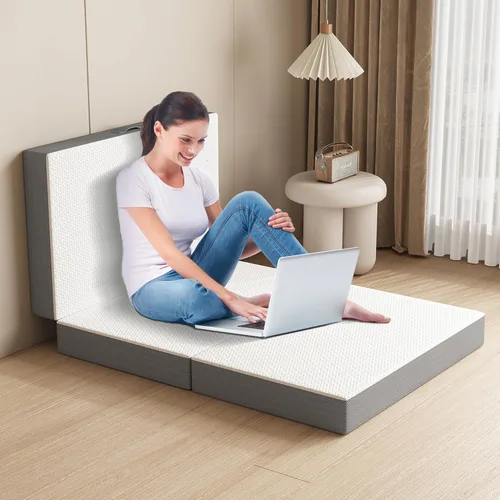 Vista 6 de Colchón de espuma viscoelástica de tres pliegues, plegable individual de 4 pulgadas con fundas lavables, diseño reversible, cubrecolchón plegable