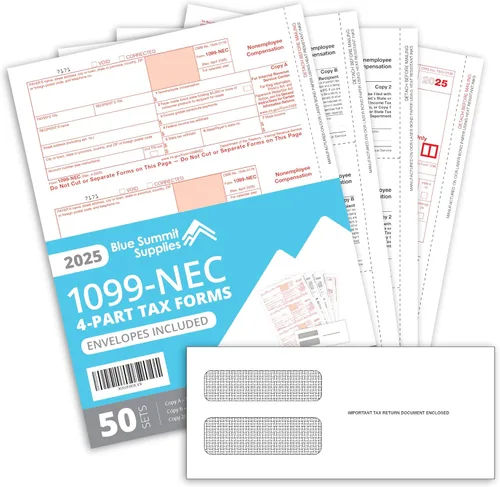 Blue Summit 50 Formularios 1099 NEC 2025 con Sobres, 50 Formularios de Impuestos 1099 NEC 2025, Kit de 4 Piezas, Compatible con QuickBooks y