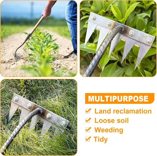 Vista 5 de Ironrake - Rastrillo de hierro resistente, 1 rastrillo de hierro para jardinería y deshierbe con 5 púas de metal, rastrillo de deshierbe