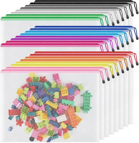 Smarpau Bolsa grande con cremallera de malla A3, paquete de 24 bolsas de 12 colores con cremallera de 17.4 x 12.4 pulgadas para organizar, bolsas