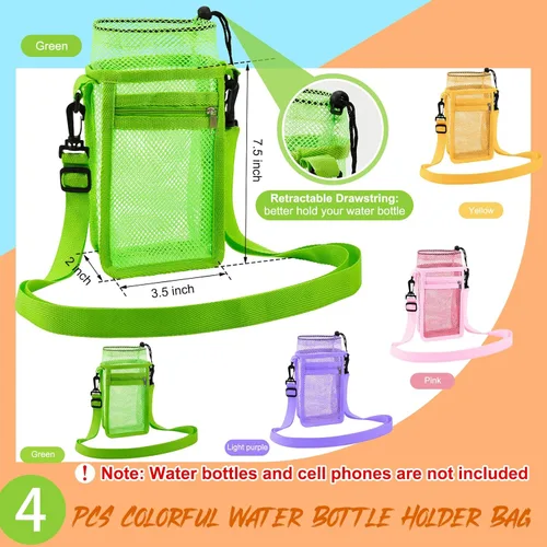 Vista 3 de Berlune Soporte para botella de agua de 14 a 30 onzas con cordón y bolsillo con cremallera, bolsa de malla ajustable para caminar