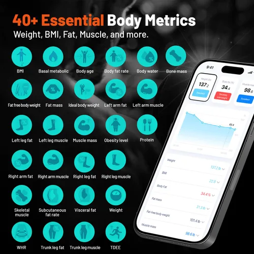 Vista 3 de ExerScale - Báscula inteligente AI con predicción de peso corporal, IMC, grasa corporal, masa muscular, entrenamiento, seguimiento de alimentos