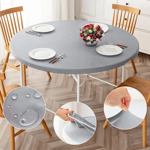 Vista 10 de ManMengJi Paquete de 2 manteles redondos ajustables color negro con bordes elásticos, impermeable, resistente a las manchas, para uso en exteriores