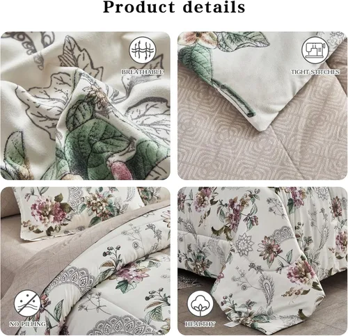 Vista 5 de Juego de edredón de 7 piezas tamaño Queen, diseño floral beige, de microfibra suave, para todas las estaciones