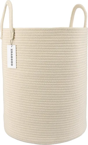 Vista 8 de XUANGUO Cesta de cuerda de algodón para ropa sucia, cesta de almacenamiento tejida para sala de estar, dormitorio, cesta de cuerda alta bohemia