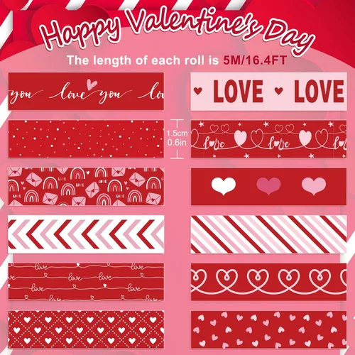 Vista 2 de Whaline 12 rollos de cinta adhesiva Washi de San Valentín con corazón rojo, diseño surtido de cinta Washi de San Valentín para bodas, álbumes
