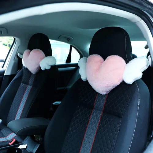 Vista 11 de Macarrie 2 almohadas de felpa en forma de corazón con alas de ángel para reposacabezas de automóvil, almohada de asiento suave y cómoda para Negro