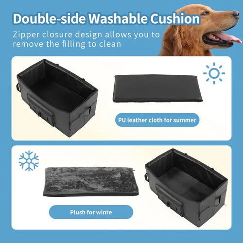Vista 4 de Asiento elevador para perros de 2 perros pequeños/medianos, asiento de coche para perros con 2 cinturones de seguridad, piel sintética, impermeable