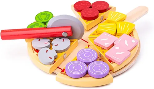 Bigjigs Toys Pizza de corte de madera con coberturas de madera y rebanadora de pizza, juego de comida y juego de roles para niños