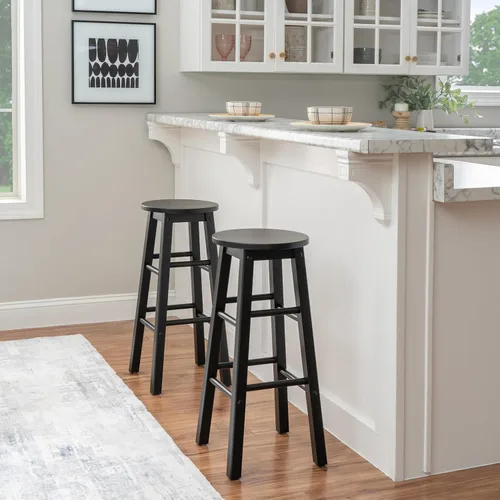 Vista 2 de Linon Zeke - Taburete de bar redondo sin respaldo de madera maciza negra con altura de asiento de 29 pulgadas