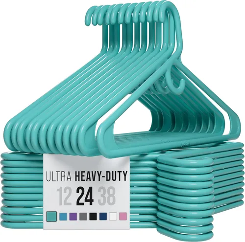 Vista 9 de NEATERIZE Perchas de ropa de plástico ultra resistentes - Aqua - Percha duradera para abrigos, trajes y ropa. Perchas De Ropa (Paquete de 12 - Aqua)