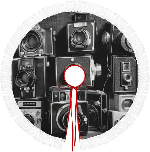 Large Retro Cool Camera Collection Christmas Tree Skirt Xmas Soft Cover Mat Decor Vintage Tree Skirts with White Tassel for Home Party Holiday