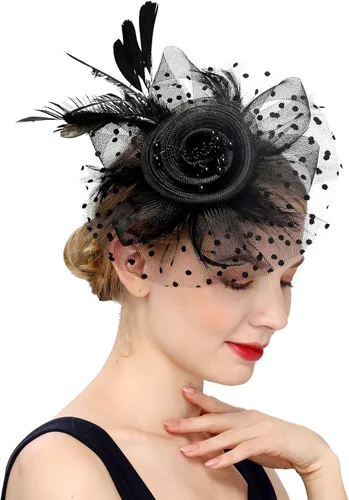 Tocado con diadema - Sombrero para mujer, para fiesta de té, para Kentucky Derby, para boda, cóctel - con flor decorativa, plumas y pinza para el
